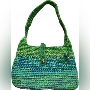 Crocheted Purse in multi-green with blue yarn and display's Silver beads